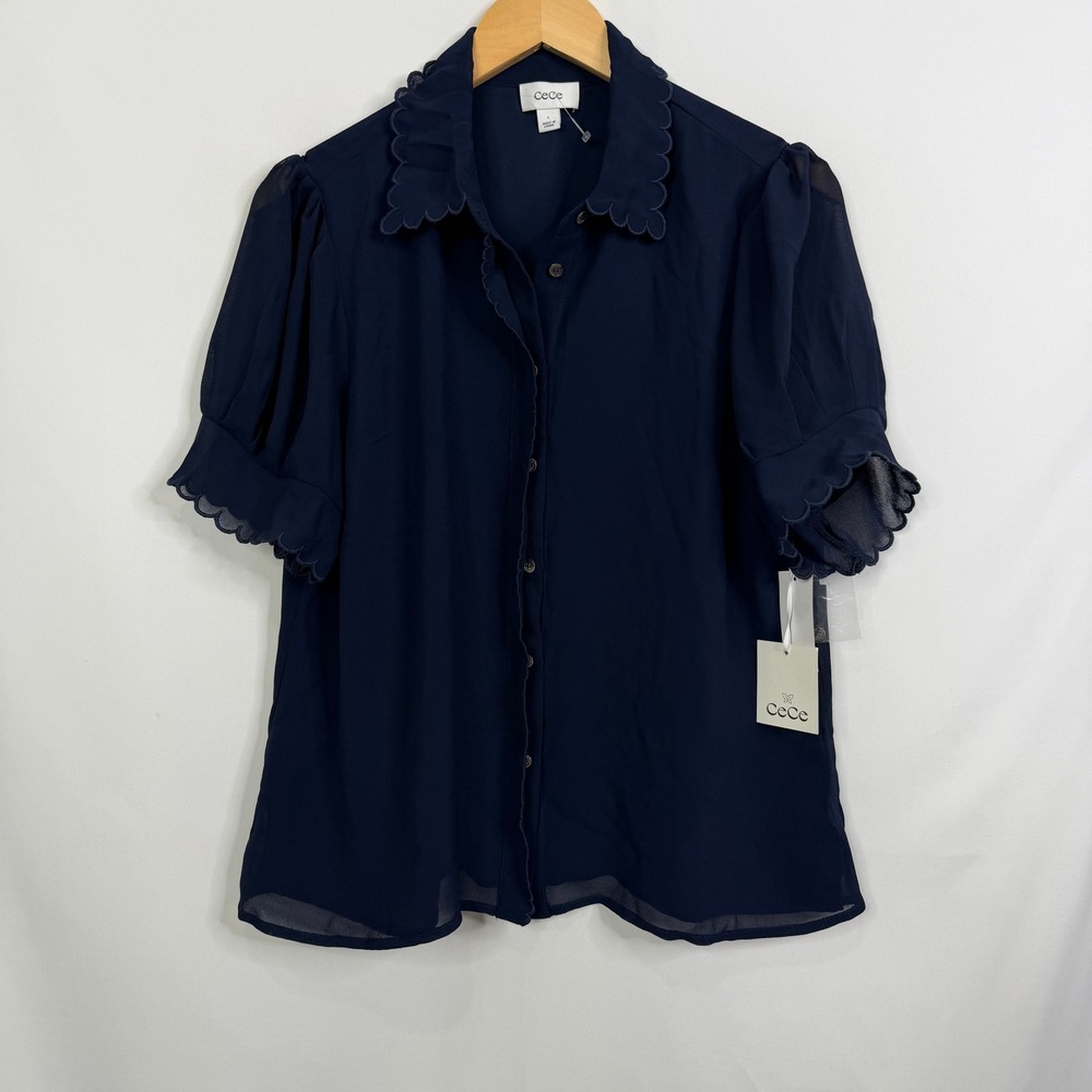 CeCe Mistee Navy Blue Scalloped Puff Sleeve Button Down Blouse NWT Large - Picture 3 of 8
